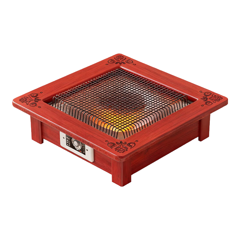 湘威烤火盆實(shí)木取暖器家用烤火爐暖腳器電火盆桌下烤腳電火爐火箱烘腳正方形大功率電暖爐烤火器小太陽(yáng) 喜慶紅色款60*60CM