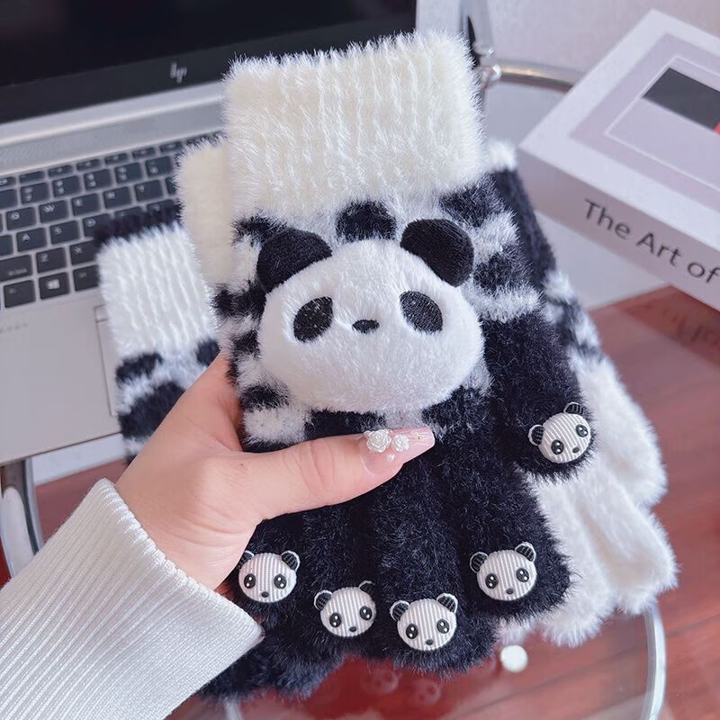 朋意触屏手套女生可爱卡通防水貂绒五分指女士中学生冬季骑车保暖防寒 熊猫毛绒手套-分指款-黑色-1双 无规格