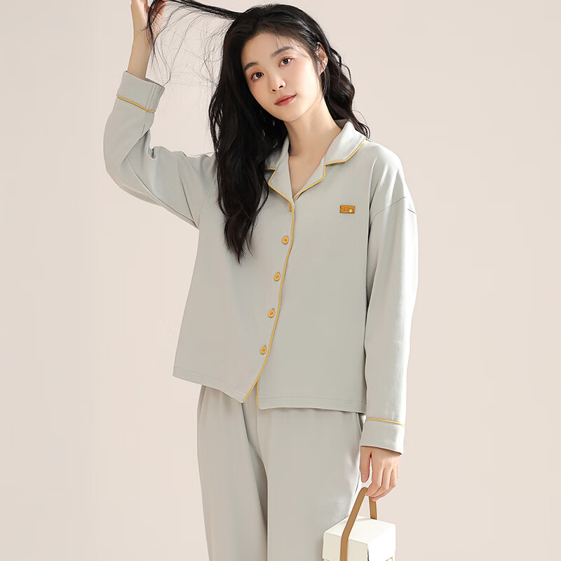 猫人纯棉睡衣女士2025年新款100%全棉秋冬季家居服可外穿大码长袖套装 时尚银 100%纯棉 XL 【适合120-140斤】