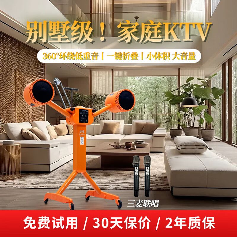 铃锐科技（LingRui Technology）LR玲锐D8 高端蓝牙音箱户外便携式移动音响大音量家庭k歌功放设备大功率演出商用低音炮卡拉OK套装 爱马橙(折叠麦+麦克风*2)