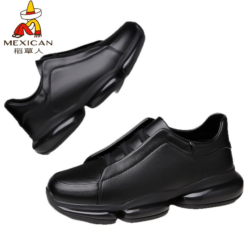 稻草人（MEXICAN）牛皮男鞋秋季2026新款男士内增高5CM运动鞋真皮休闲鞋百搭老爹鞋 黑色加绒 44 =运动鞋45码
