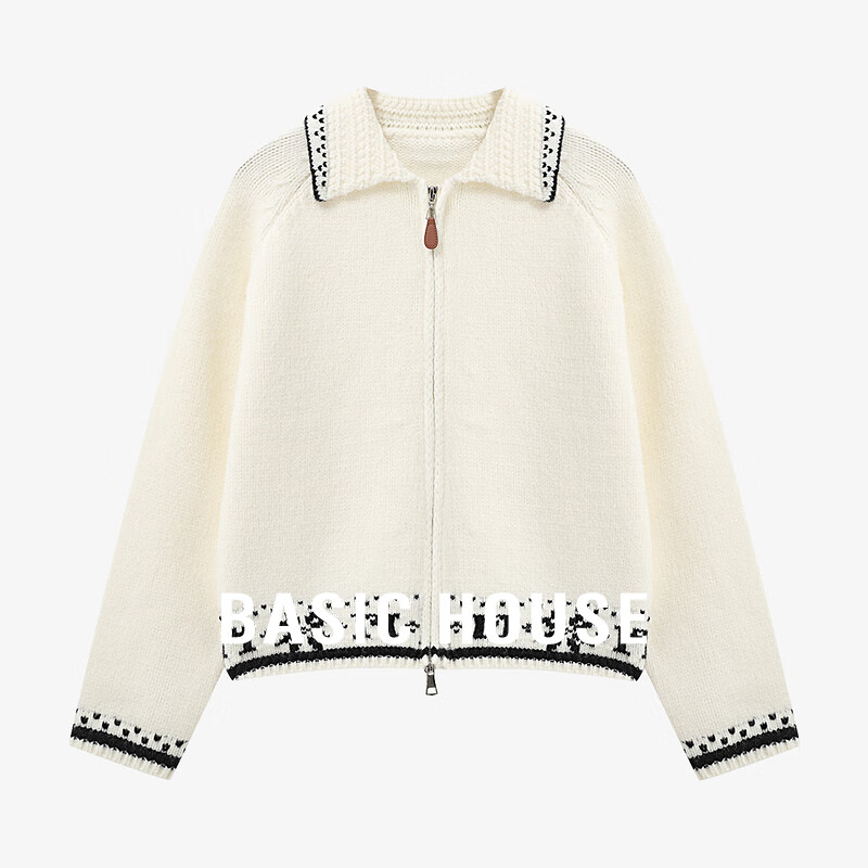 百家好（Basic House）Basic House/百家好复古提花翻领双拉链针织开衫女宽松毛衣外套冬 白色 M