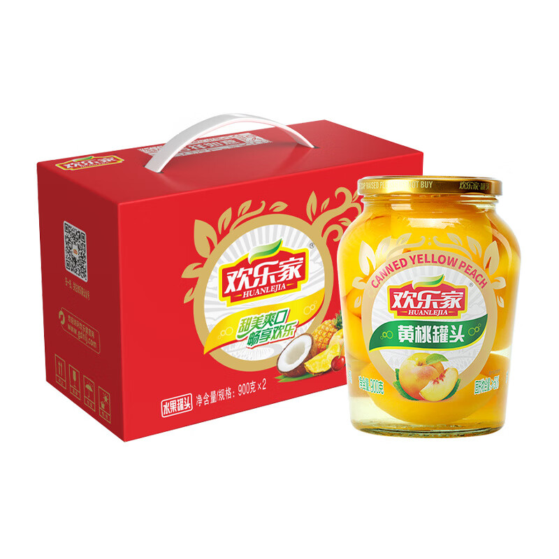 欢乐家糖水黄桃罐头新鲜水果玻璃瓶装休闲零食手提礼盒装 礼盒装黄桃900g*2 1件