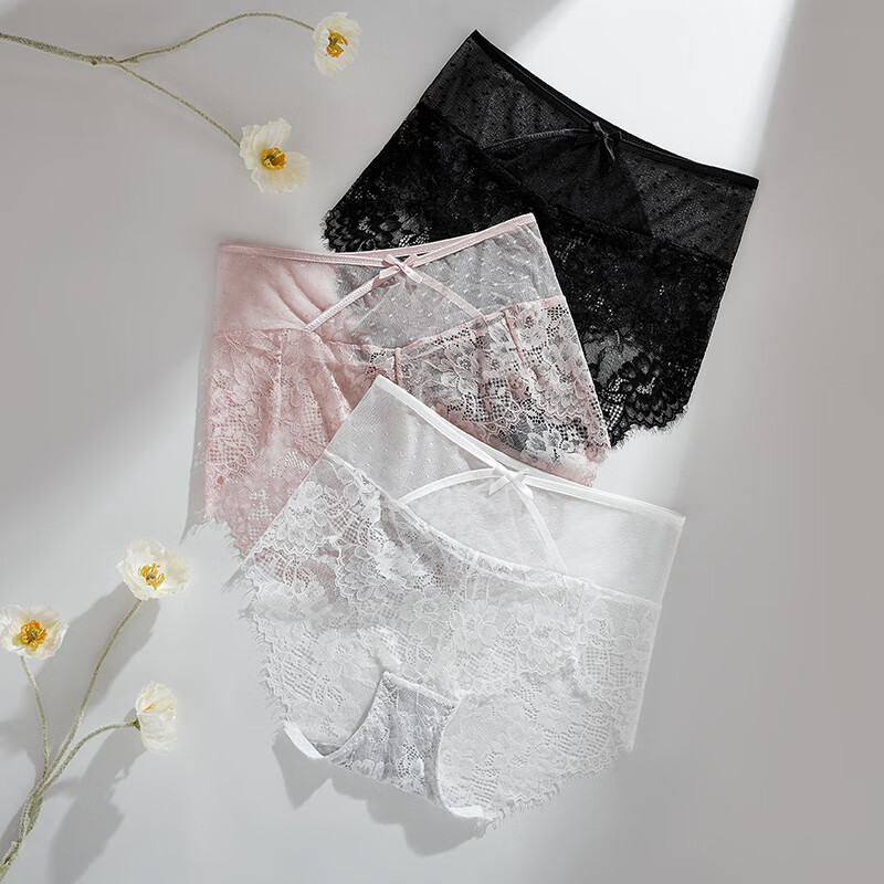 古今(GUJIN)女士内裤女性感抑菌棉裆薄加肥大码三角短裤头法式纯欲蕾丝 黑色+芋紫+白色 3条 XL (推荐体重:60-70kg)