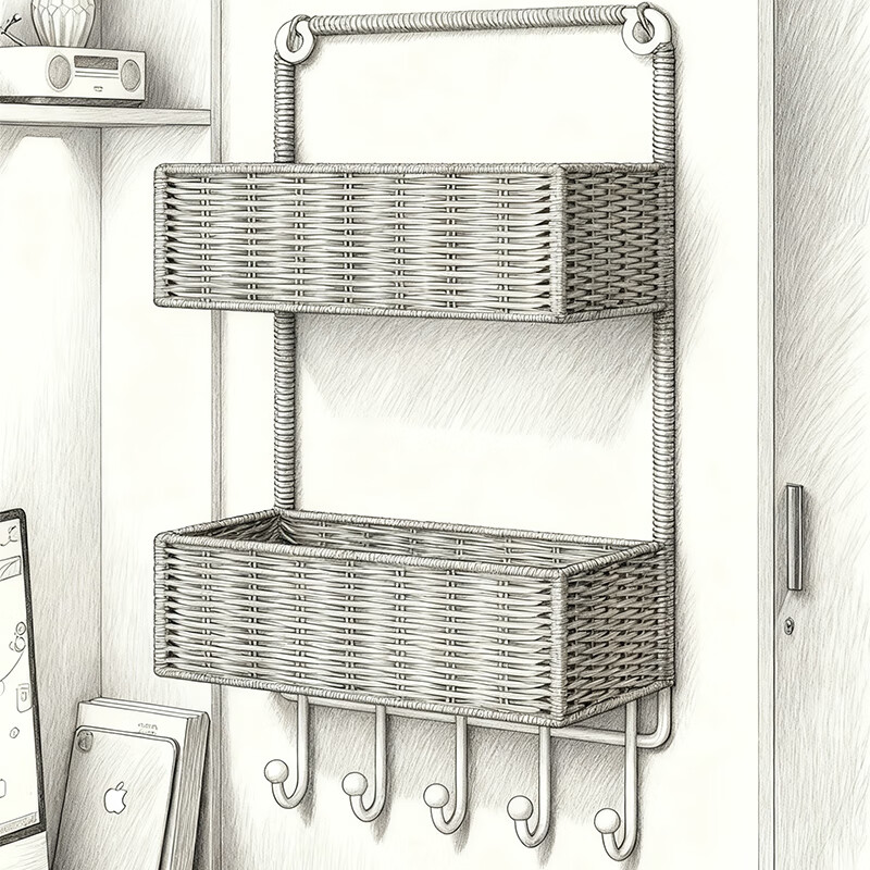尔思家墙上置物架宿舍床边架子多层杂物架卫生间洗漱用品仿藤编收纳筐 棕色