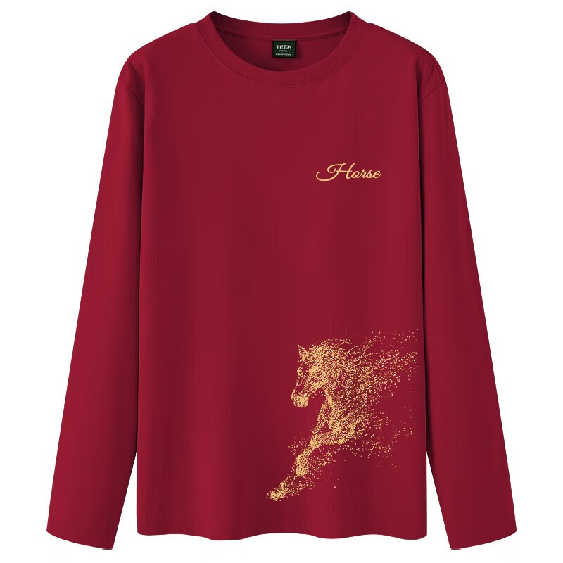 TEEK马年本命年衣服纯棉男士长袖T恤 2026新年国潮风骏马贺岁拜年上衣 HC2933酒红色 3XL