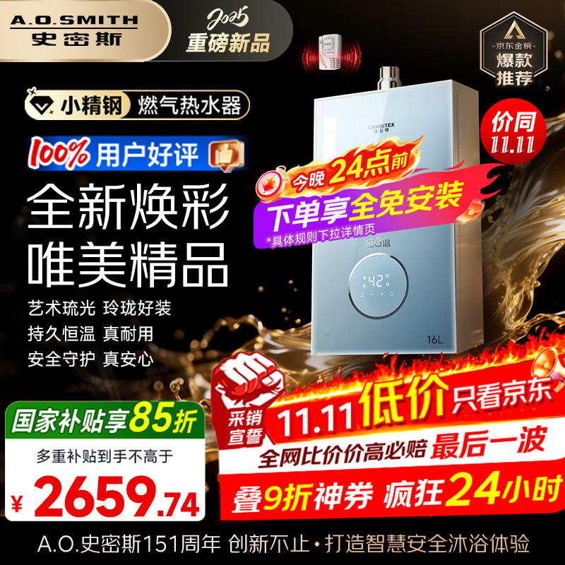 史密斯（A.O.SMITH）佳尼特【小精钢TCS5】16升燃气热水器 国家补贴 安全守护 持久恒温大水量 静音 新品