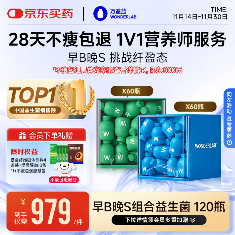 万益蓝WonderLab 早B晚S组合120瓶 B420益生菌S100益生元棕色脂肪男女