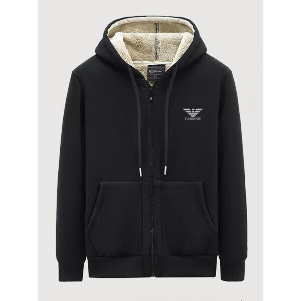 阿玛尼冬季外套男加绒加厚连帽开衫卫衣秋冬棉男士休闲抓绒衣潮 黑色羊羔绒(819外套) L (90-110斤)