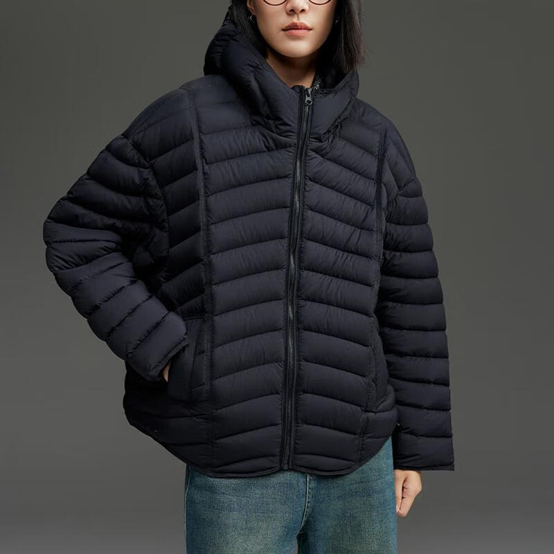 oeny鹅绒排骨轻薄羽绒服女款高级感连帽立领宽松外套冬季2025新款 黑色 M