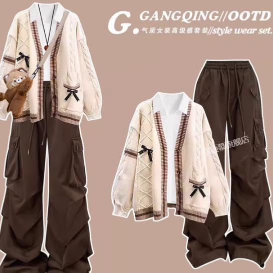 欧颖慕女大童套装春季新款初高中生春装毛衣休闲裤三件套女孩衣服外套女 三件套 粉色毛衣+白衬衫+粉裤 155 （S）码【建议75-90斤】