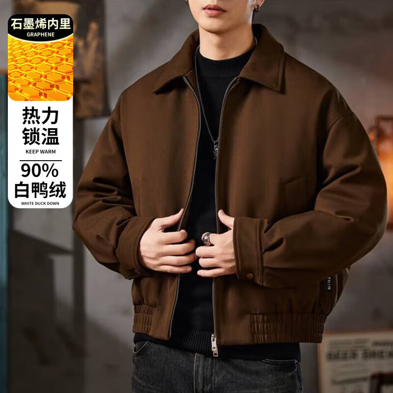 邦约恋人2025冬季新款翻领休闲羽绒服夹克外套男士感短款宽松休闲上衣 黑色 GY7313 2XL 建议体重 166-180斤