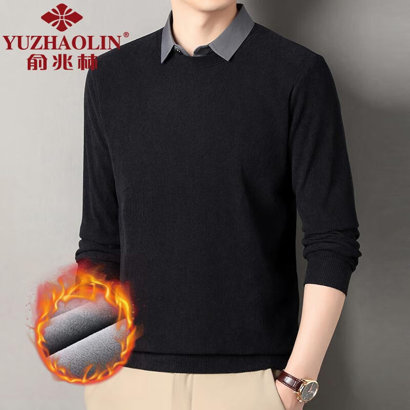 俞兆林（YUZHAOLIN）男士加绒卫衣秋冬季加厚保暖衬衫领打底衫中青年灯芯绒假两件体恤 黑色 M