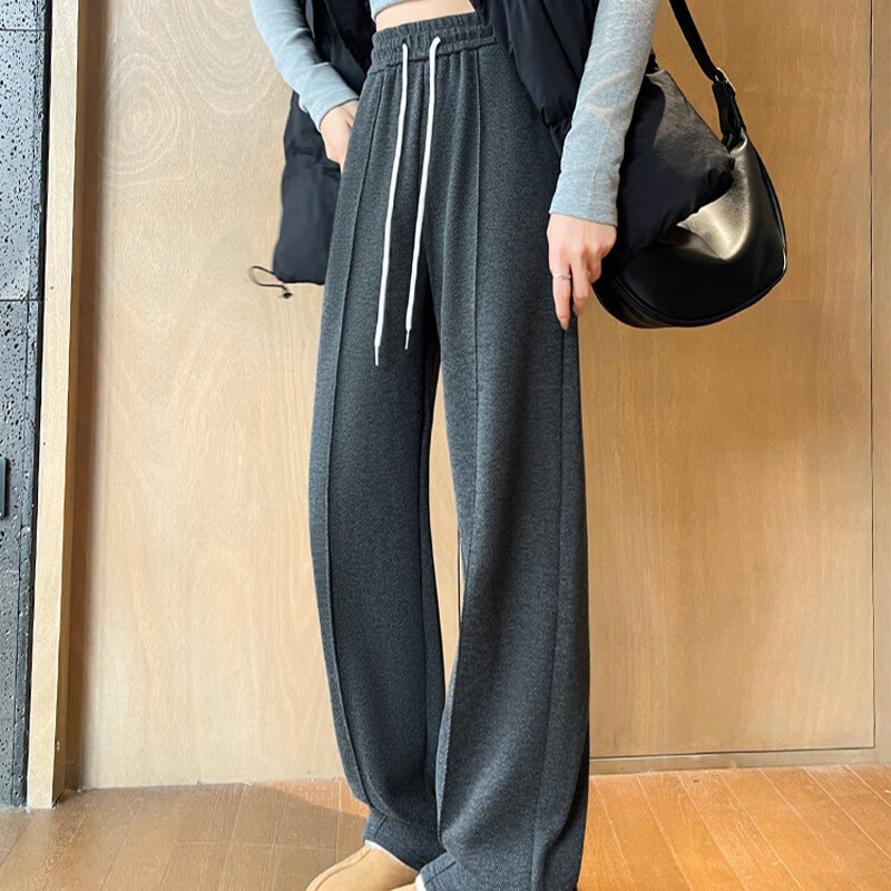 浪莎羊毛毛呢阔腿裤女秋冬2025新款高腰直筒裤加绒加厚人字纹休闲裤子 奶杏色 【抗寒保暖加绒款】 M 【建议：96-110斤】