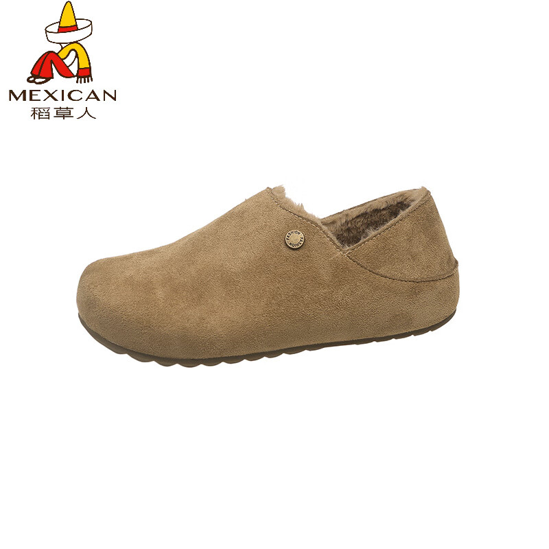 稻草人（MEXICAN）绒面两穿加绒博肯鞋女2026冬季新款内增高厚底棉鞋时尚一脚蹬单鞋 卡其色 41