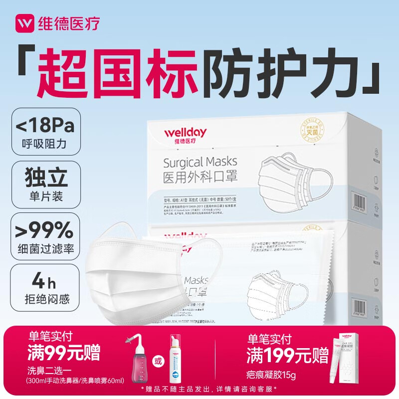 维德（WELLDAY）一次性医用外科口罩独立装白色防鼻炎过敏防沙尘灭菌级50只/盒*2