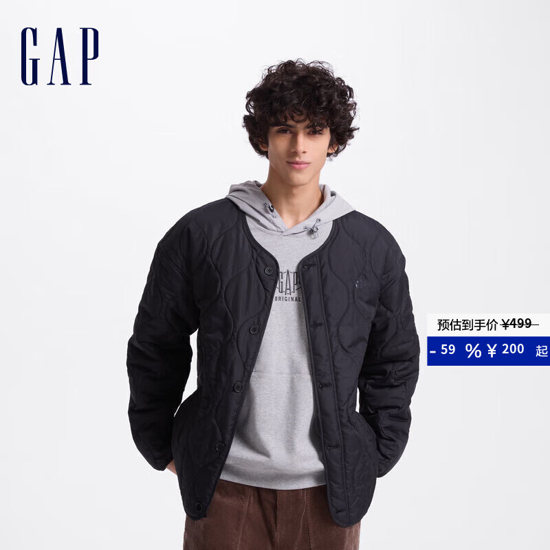 GAP男装印花logo波浪绗线外套轻薄简约风棉服619672 黑色 L (175/96A) 亚洲尺码 【偏大，建议拍小一码】