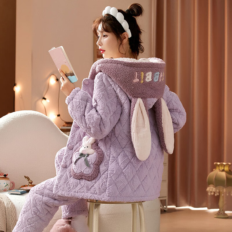 chunnian女士睡衣女冬季保暖珊瑚绒加厚加绒三层夹棉法兰绒带帽家居服套装 XEQN-2374【外套+裤子】 L