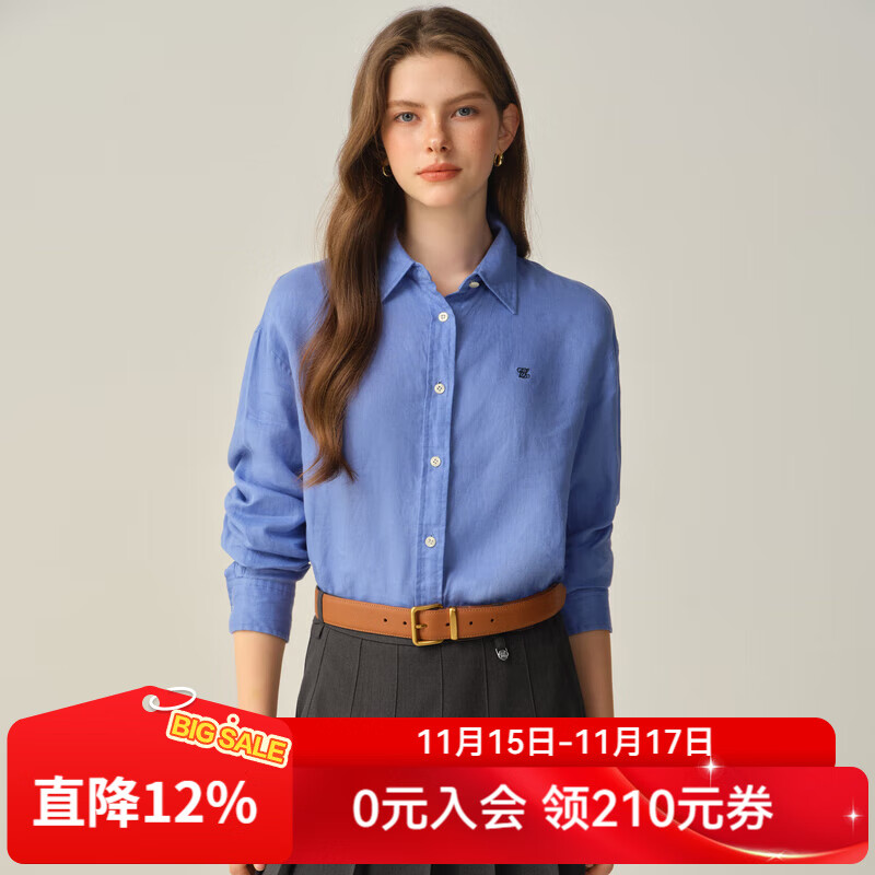 ELAND【100%棉】衣恋衬衫女单排扣宽松通勤长袖上衣2025秋季新款 蓝色(50)Blue S /160 京东折扣/优惠券