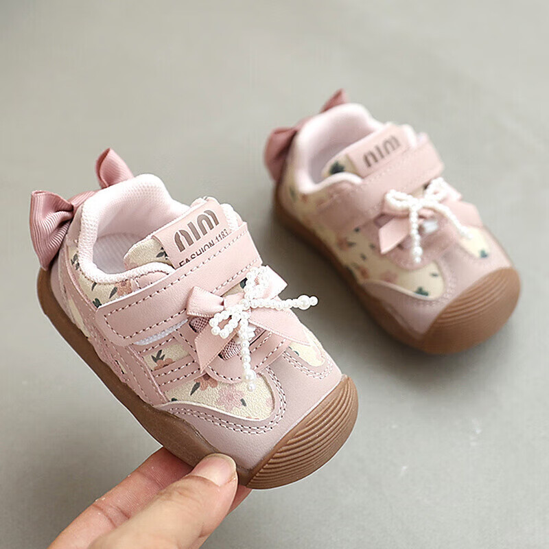 基諾浦（ginoble）秋秋女寶寶學(xué)步鞋0一1-3歲嬰兒蝴蝶結(jié)鞋子女童公主鞋兒童秋季童鞋 粉色 12 內(nèi)長cm 16碼