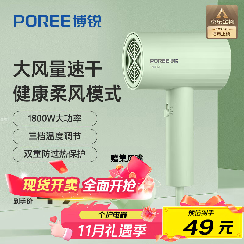 飞科（FLYCO）博锐电吹风机吹头发家用大功率不伤发便携护发吹风筒女士宿舍用京东自营 国家补贴 翡翠绿PH1628