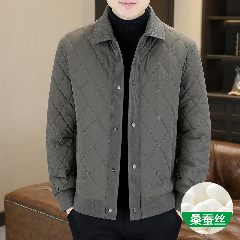 劲霸羽绒服新款桑蚕丝棉衣男士冬季轻薄棉服外套休闲加厚翻领棉袄上衣 灰色 XL 120-135斤