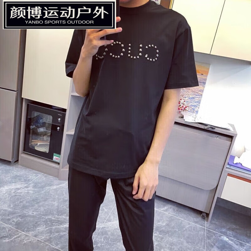 嬅欣苏6衣服精神小伙短袖t恤男2024夏季新款时尚烫钻苏六男士高端 黑色高质量铆钉烫钻 M 80-90斤