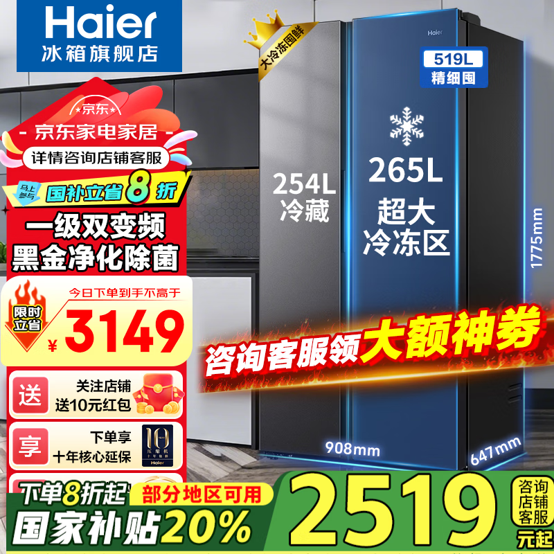 海尔（Haier）【新品】冰箱519升双开门家用囤货大容量大冷冻对开门超薄一级双变频风冷无霜净味嵌入式电冰箱 【新品】519升+265L大冷冻+黑金净化