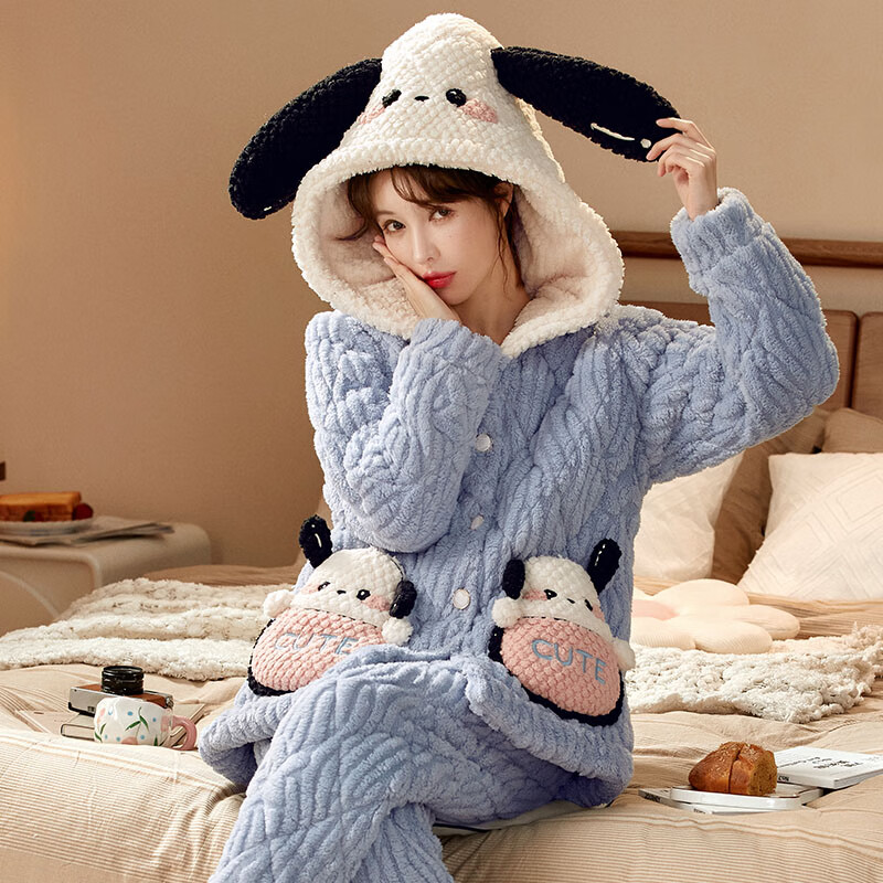 chunnian女士睡衣女冬季保暖珊瑚绒加厚加绒三层夹棉法兰绒带帽家居服套装 XEQN-2385【外套+裤子】 L