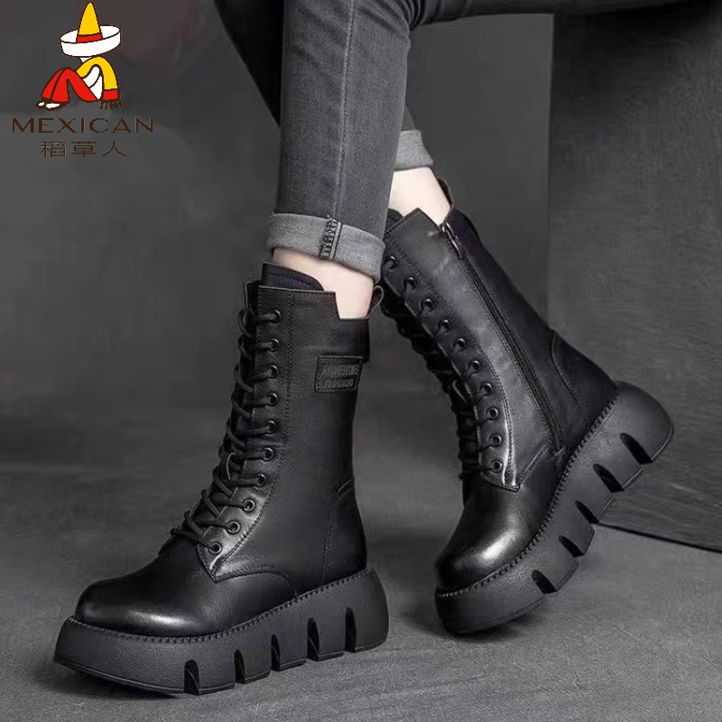 稻草人（MEXICAN）真皮英伦中筒加绒马丁靴女复古中腰松糕底女靴冬季牛皮保暖短靴子 黑色单里 39