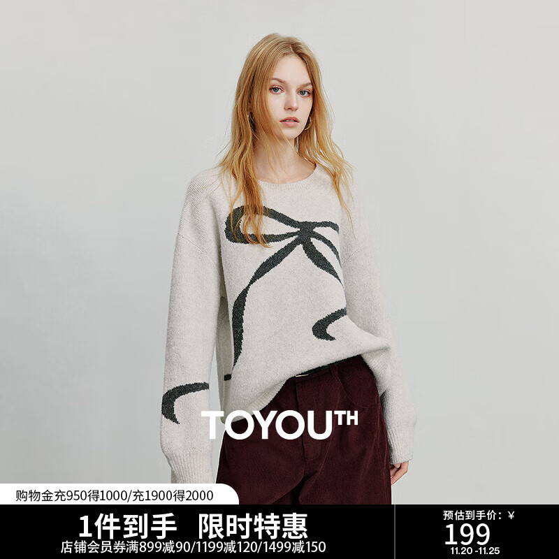 初语毛衣女2025秋季新款软糯仿貂毛蝴蝶结提花宽松圆领毛织上衣 灰白色 M