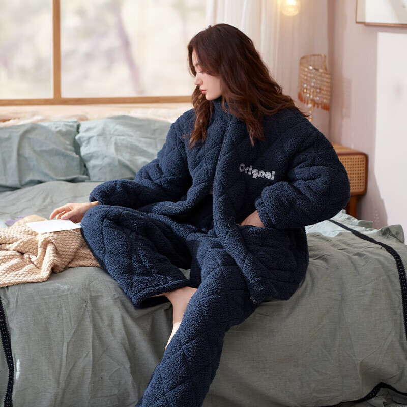 芬腾【清仓】情侣珊瑚绒夹棉睡衣女士冬季三层加厚男抗静电家居服套装 FX25950395深兰【单女款】 M 建议:女92-110斤,男105-126斤