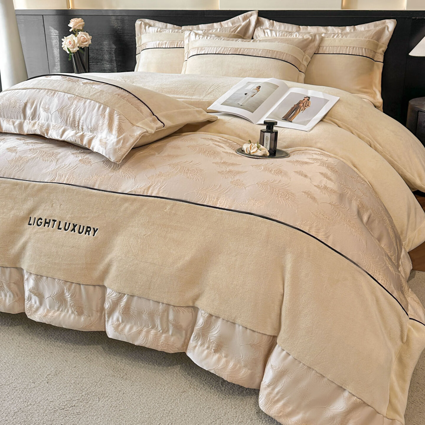 VJE高级感冬季床上四件套牛奶绒冬天双面绒加厚珊瑚绒床单被套床品 羽皇-香槟 三件套1.2m 床单款 -被套150*200cm