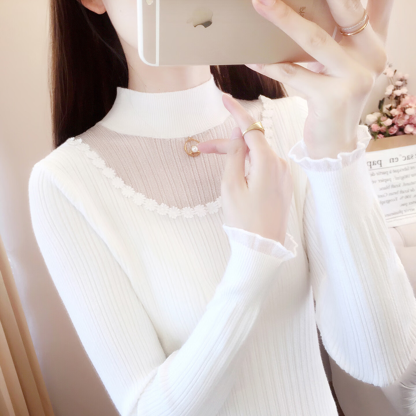 香影纯半高领镂空毛衣打底衫女内搭2025新款春秋短款长袖修身针织衫上衣 白色 L (建议105-115斤)