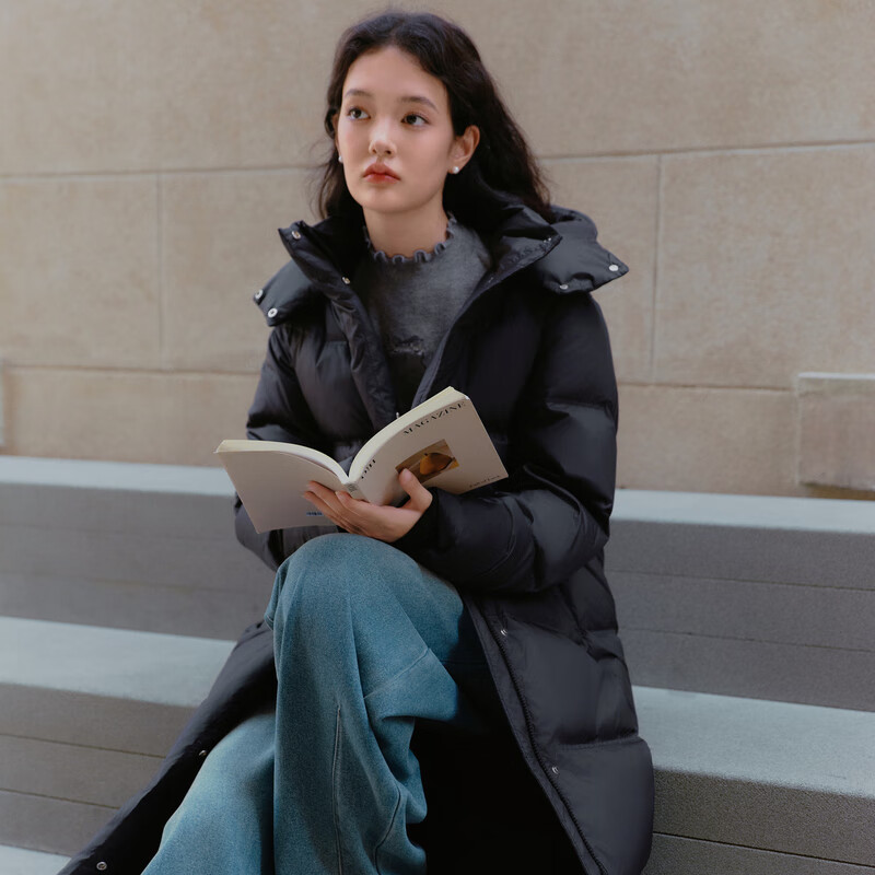 乐町长款面包羽绒服女保暖柔软加厚羽绒御寒外套潮流休闲风 黑色(现货) M