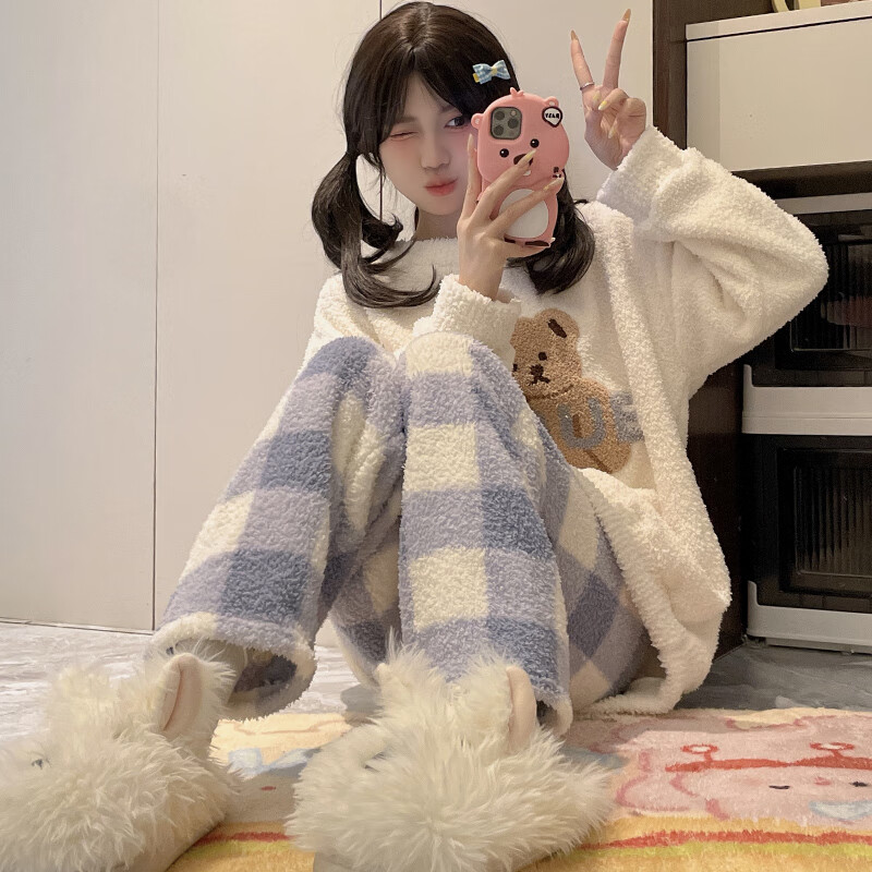 都市丽人半边绒女士睡衣女秋冬季2025新款加绒加厚家居服套装女睡衣可外穿 格子小熊 XL  （建议120-140斤）