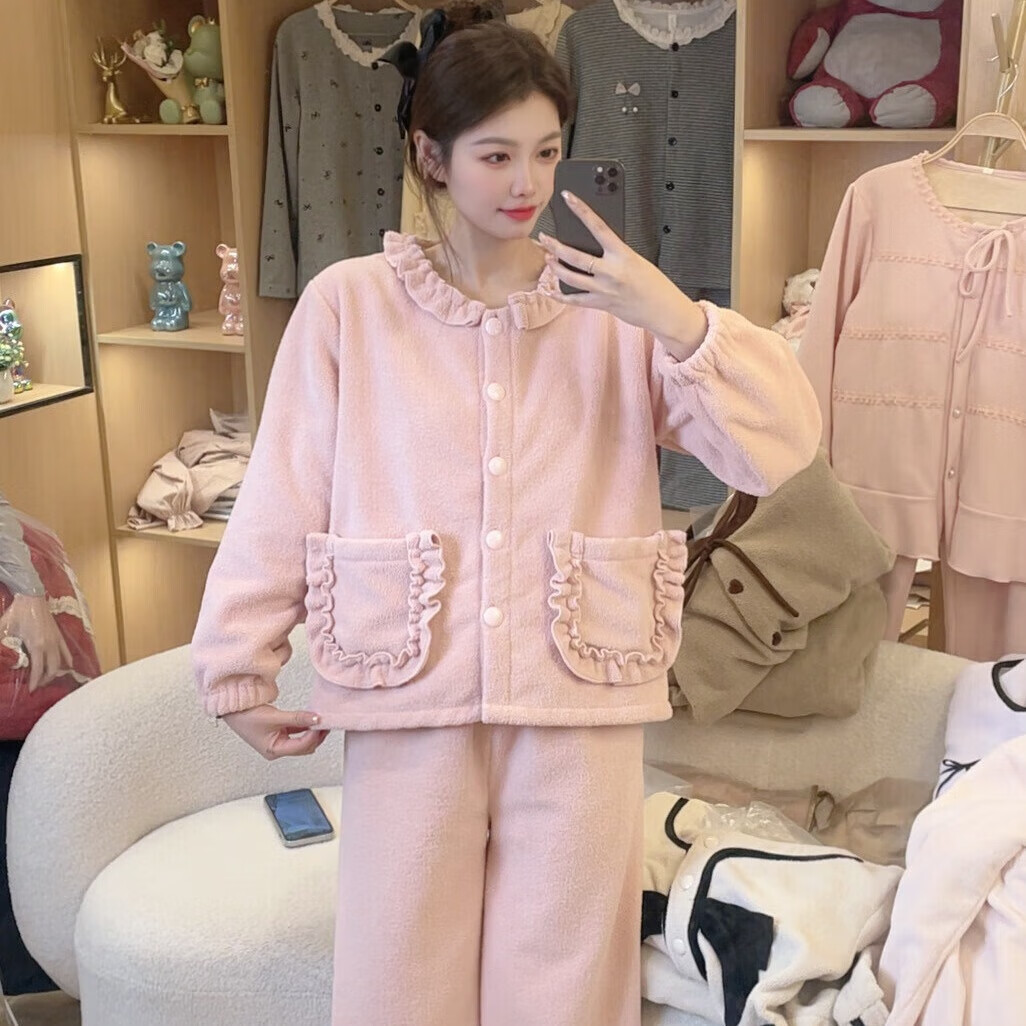 LangSha睡衣女冬季2025新款半边绒保暖法兰绒珊瑚绒加厚秋冬家居服可外穿 JR-R3040半边绒 XL 【建议120-140斤】
