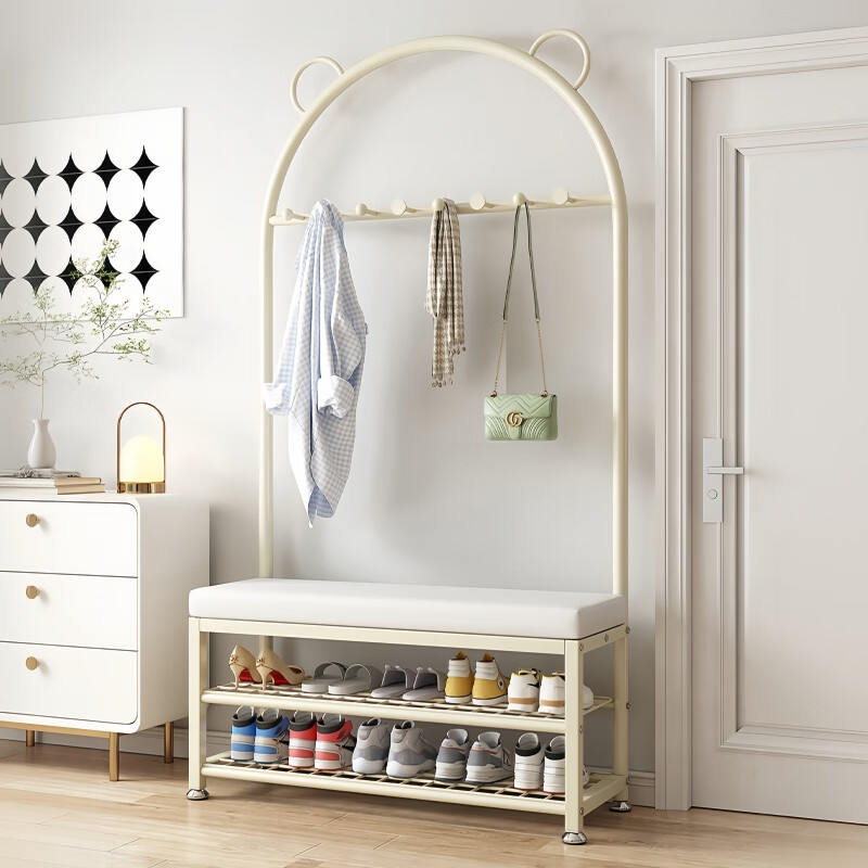 馨婺家衣帽架鞋架一体入户门口换鞋凳落地挂衣架多功能可坐穿鞋架鞋柜 奶油白-长80cm【皮革坐垫】