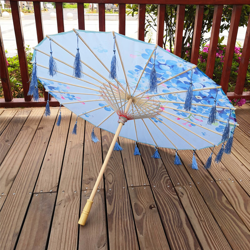 好俏俏彼岸花漢服花傘油紙傘古裝女cos古風(fēng)流蘇拍照道具傘傘裝飾舞蹈傘 落花+藍(lán)流蘇 半穿 傘