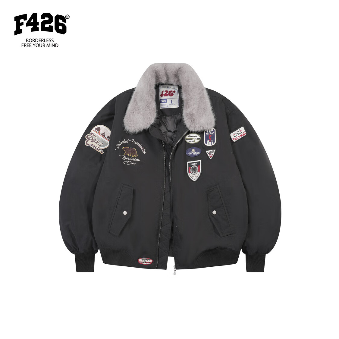 F426国潮牌冬季新款美式复古刺绣小标毛领飞行羽绒服 黑色 M