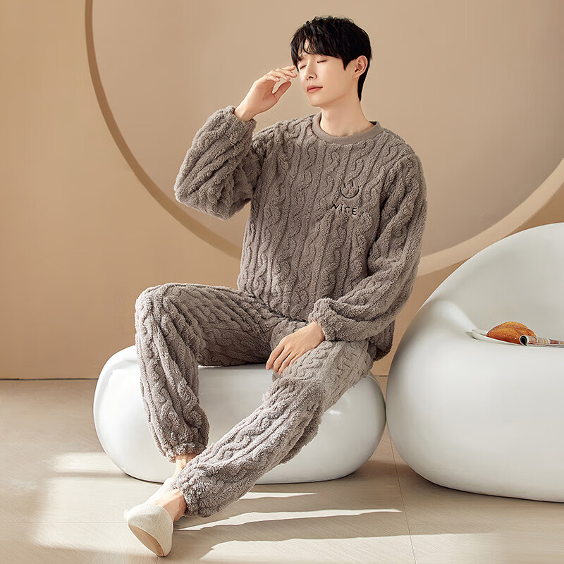 雅鹿男士睡衣秋冬季加绒加厚情侣款可外穿保暖防寒男女家居服套装 灰色（男款） XL