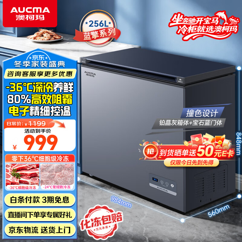 澳柯玛（AUCMA）蓝擎系列256升单温家用减霜小冰柜冷藏柜冷冻柜超低温电控卧式冰箱一级能效 BC/BD-256DHX国家补贴