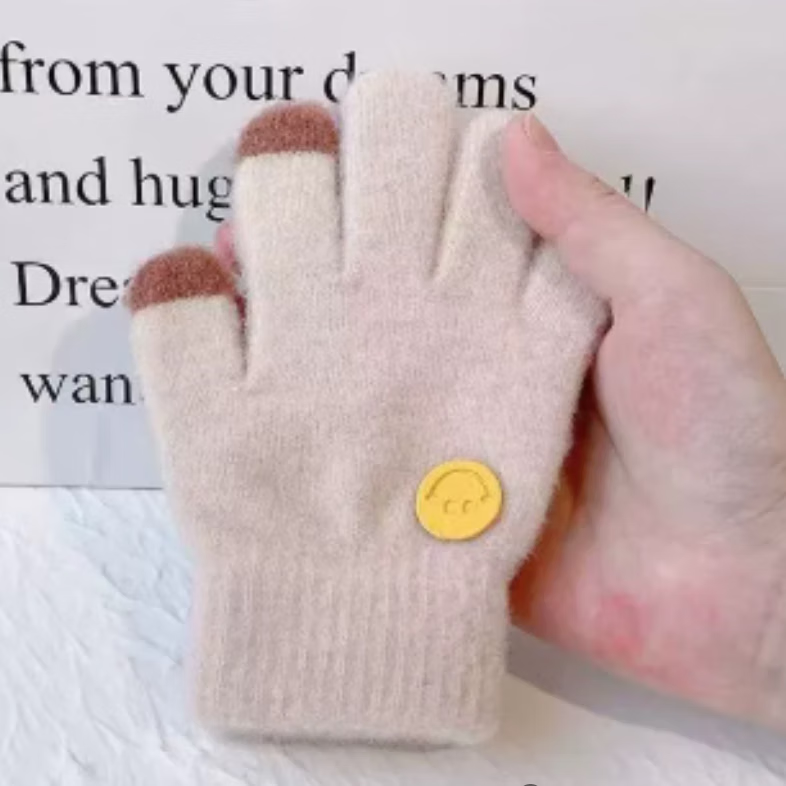 妙韵回香儿童冬季保暖手套女宝宝中大男童加厚防风毛线针织五指可爱学生冬 儿童手套-杏色-1双 无规格