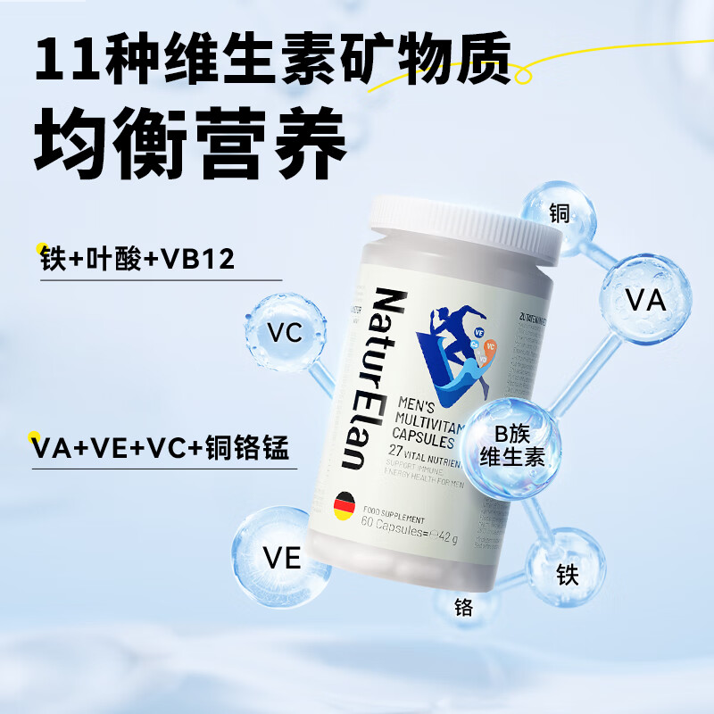 NATURELAN呐兔男士复合维生素 矿物质胶囊 维生素B锯棕榈番茄红素 1瓶60粒