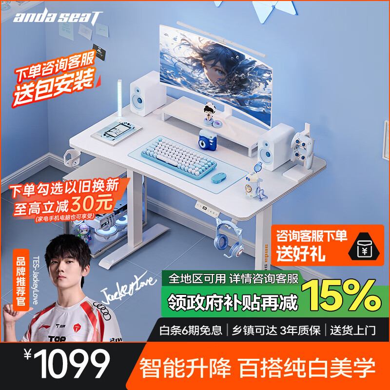 andaseaT安德斯特电脑桌电竞桌台式办公书桌子寒冰战士白色电动升降1米