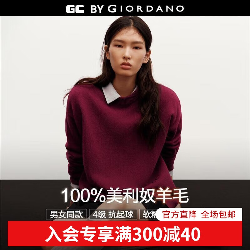 GIORDANO CONCEPTS  2025秋冬新款针织衫男装纯羊毛刺绣宽松圆领情侣款毛衣12055607 27藏红 M
