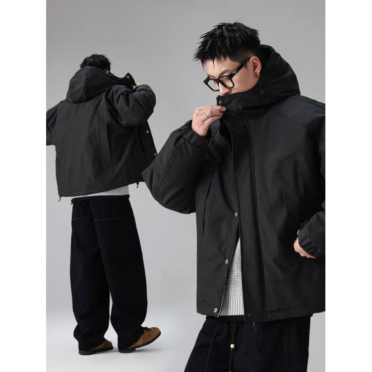 型曼硬壳滑雪羽绒服男士冬季装大码保暖加厚防寒90白鸭绒连帽羽绒外套 黑色 M  125斤以下