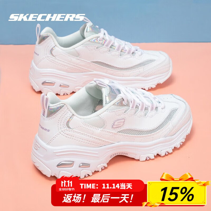 斯凯奇（Skechers）女鞋小白鞋夏季新款网面镭射熊猫鞋透气运动休闲鞋厚底增高老爹鞋 白色-WHT 35