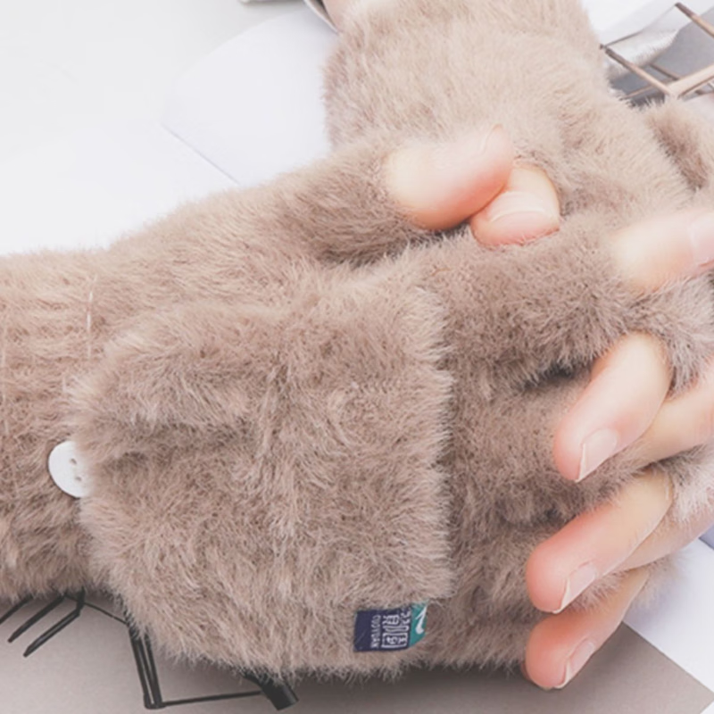 冬季加绒保暖毛绒半指翻盖手套女生学生写作业可爱防寒 深蓝 无规格