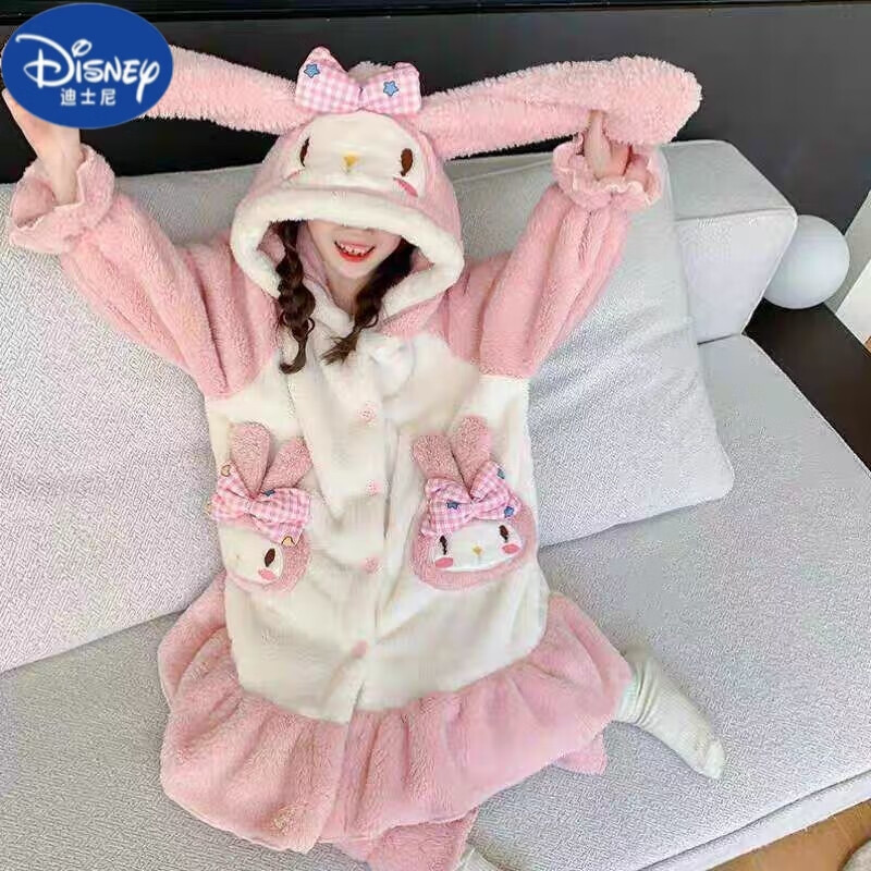 迪士尼女童珊瑚絨睡衣秋冬新款加厚小女孩中大兒童冬季法蘭絨家居服套裝 連帽口袋兔睡袍【單袍】 100 建議90-100cm